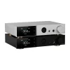 A silver and black audio amplifier stacked together, featuring digital displays, volume knobs, and multiple input/output connections.