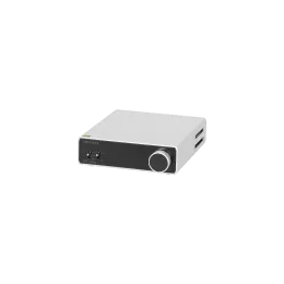 A sleek, modern audio amplifier with a black front panel and a silver casing, featuring controls and ports on one side.