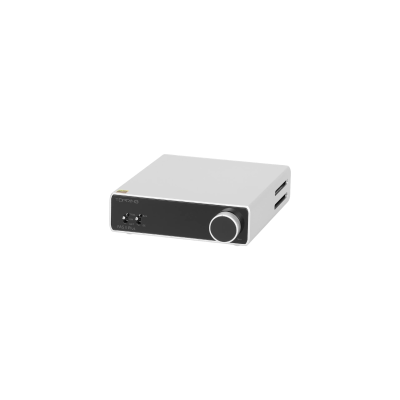 A sleek, modern audio amplifier with a black front panel and a silver casing, featuring controls and ports on one side.