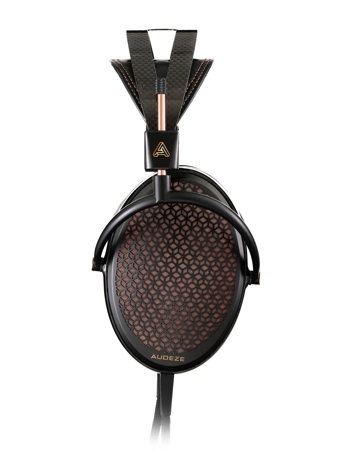 Close-up of Audeze headphone showcasing a sleek black design with a unique textured ear cup and elegant copper accents.