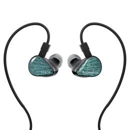 Stylish in-ear headphones with a sleek black design and teal accents, featuring a braided cable and ergonomic fit for comfort.