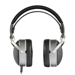 Black and silver over-ear headphones with a padded headband and detachable audio cable, viewed from the front.