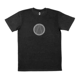Black t-shirt featuring a circular graphic with horizontal lines in the center. Simple, modern design suitable for casual wear.